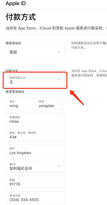 中文截图展示 Apple ID 付款方式选择为无的操作界面