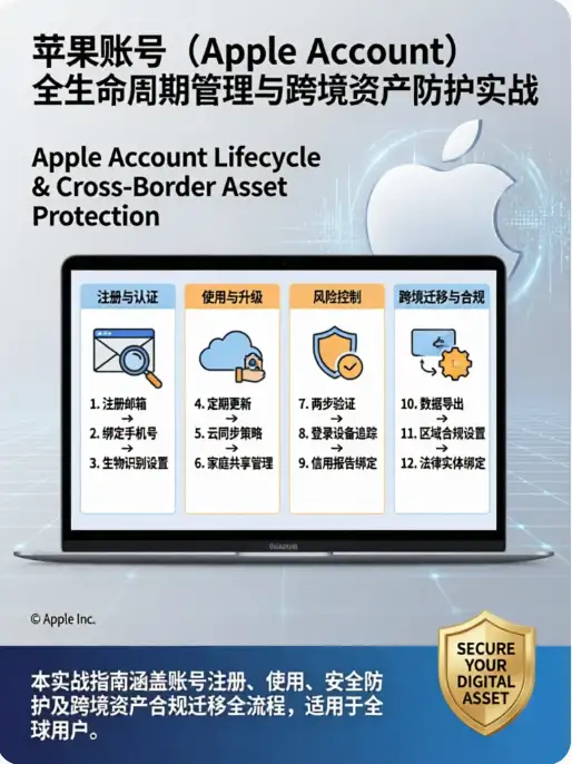 2026年Apple Account全生命周期管理实战封面图：详解苹果账号从注册环境脱敏、Passkeys安全登录到注销激活锁解除的跨境资产防护完整路径