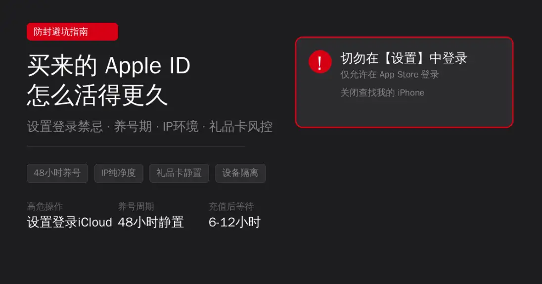 Apple ID防封禁避坑指南封面图：展示iPhone关闭查找我的iPhone路径、激活锁警告与礼品卡充值风控等买来的苹果账号安全使用要点