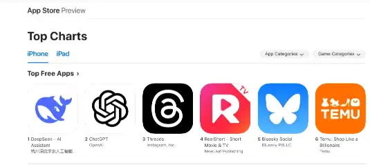 美区AppStore下载排行榜显示