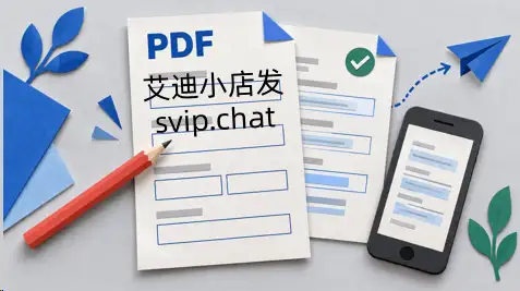 空白PDF表格、填写副本与手机的纸艺插画，示意填写后核对发送文件