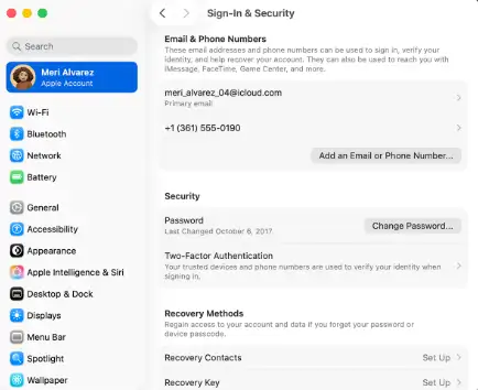 Mac 系统设置显示 Apple ID 登录与安全恢复