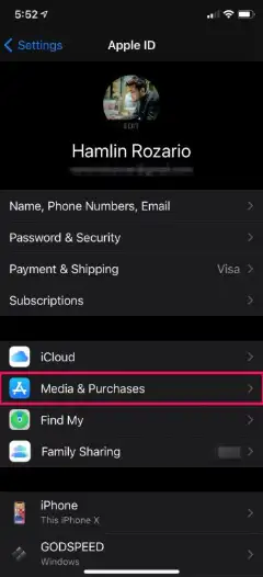 iPhone设置中媒体与购买项目入口
