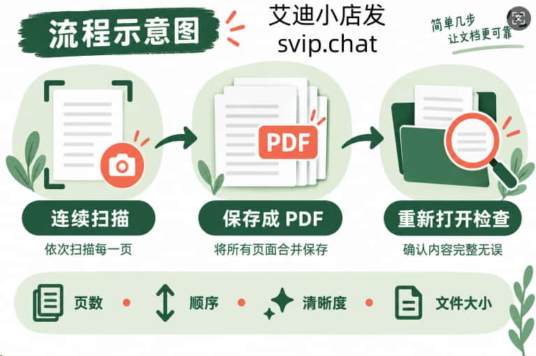 连续扫描后保存 PDF,再重新打开核对页数、顺序、清晰度和大小