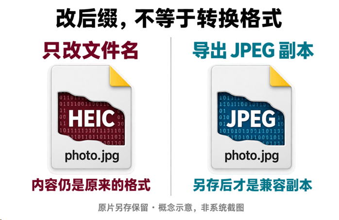 只改jpg后缀仍可能是HEIC内容，与真正导出JPEG副本的区别
