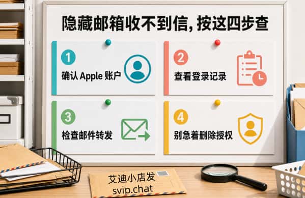 邮件排查板列出确认 Apple 账户、查看登录记录、检查邮件转发和不要急着删除授权四步