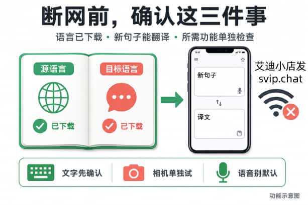 离线翻译准备检查示意，源语言与目标语言已下载后分别验证文字、相机和语音需求