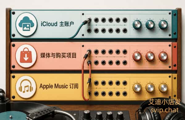 iCloud 主账户、媒体与购买项目和 Apple Music 订阅三层关系示意