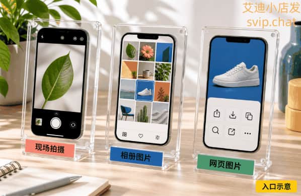 iPhone Google Lens 的现场拍摄、相册图片和网页图片三种入口