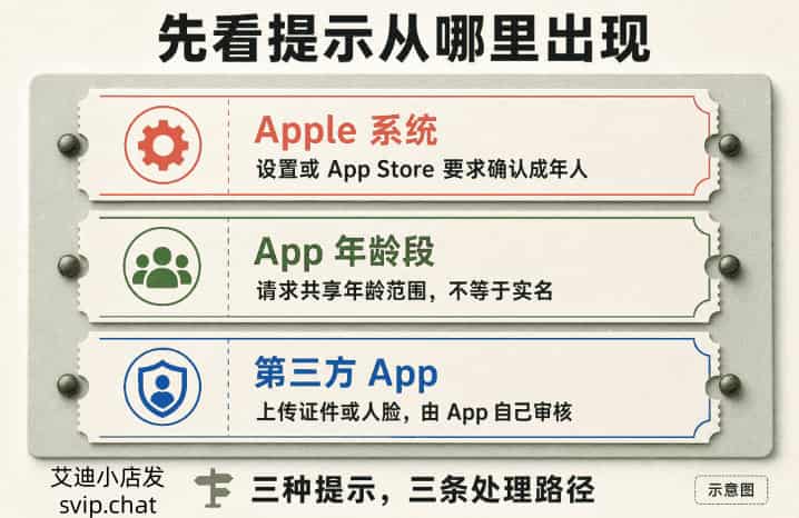 18+ 提示分为 Apple 系统、App 年龄段和第三方 App 三类